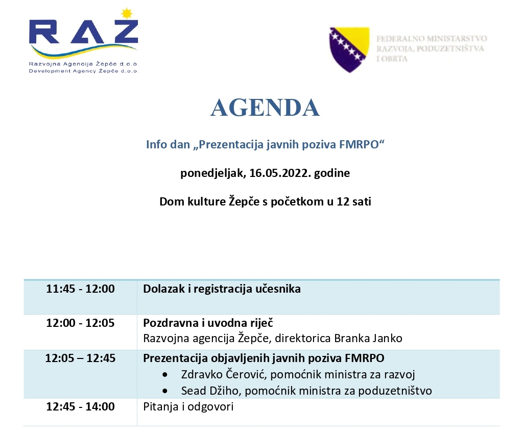Agenda-Info-dan-16.05.2022 Poziv na Info dan prezentacije Javnih poziva FMRPO u Žepču